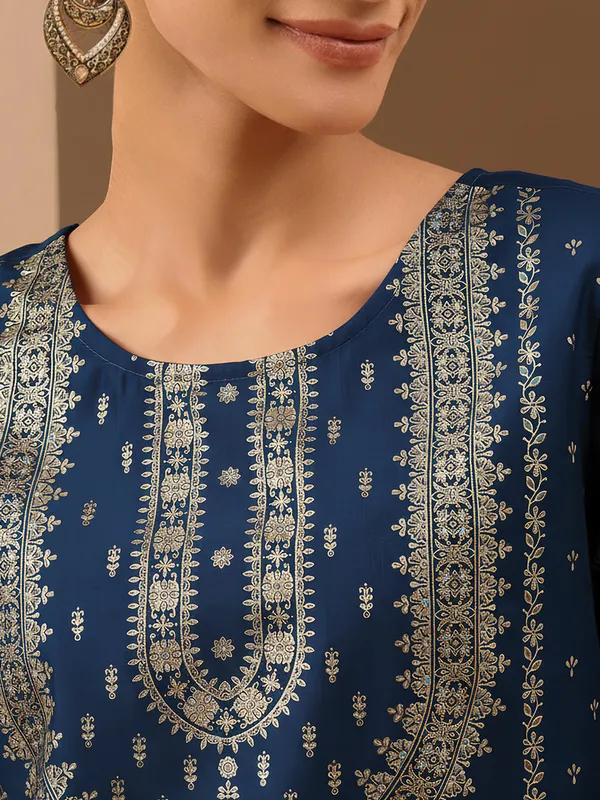 Blue_Silk_Blend_Ethnic_Gold_Printed_Straight_Kurta_Set_For_Women