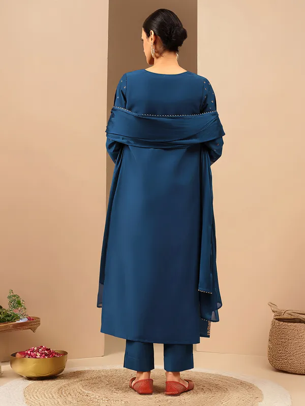 Blue_Silk_Blend_Ethnic_Gold_Printed_Straight_Kurta_Set_For_Women