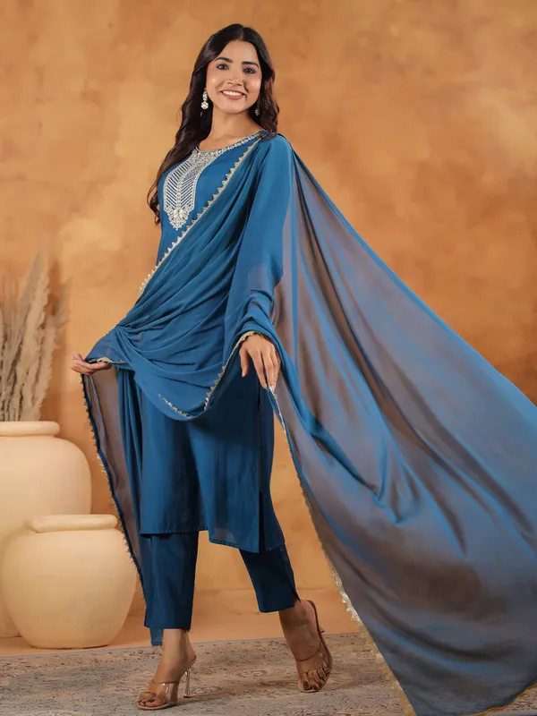 Blue_Chanderi_Chanderi_Kurti_Pant_Dupatta_Set_For_Women