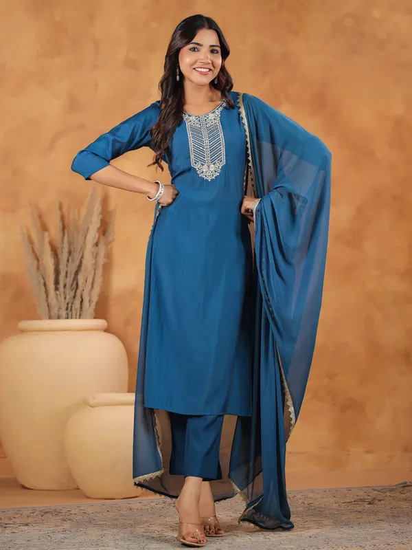 Blue_Chanderi_Chanderi_Kurti_Pant_Dupatta_Set_For_Women