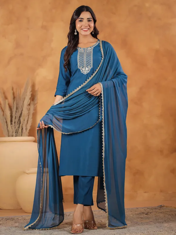 Blue_Chanderi_Chanderi_Kurti_Pant_Dupatta_Set_For_Women