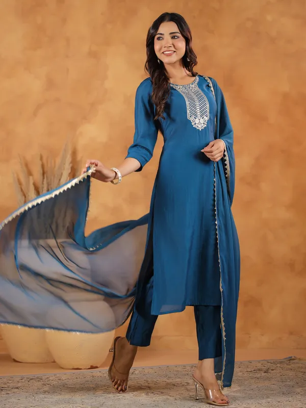 Blue_Chanderi_Chanderi_Kurti_Pant_Dupatta_Set_For_Women