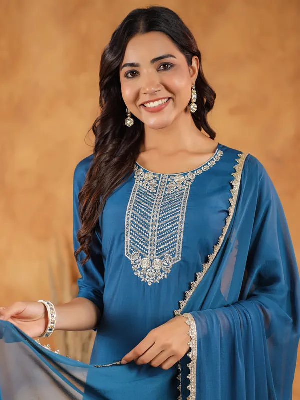 Blue_Chanderi_Chanderi_Kurti_Pant_Dupatta_Set_For_Women