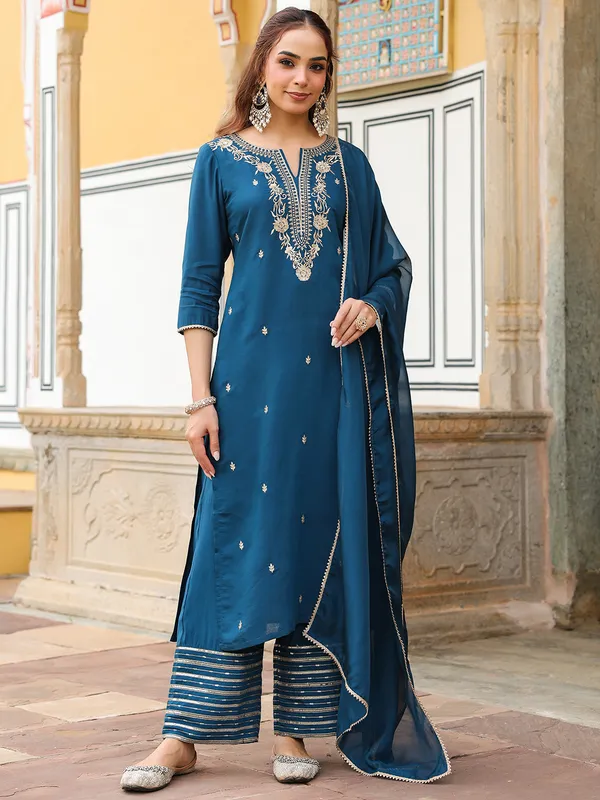 Blue_Chanderi_Kurta_Palazzo_Dupatta_Set_For_Women