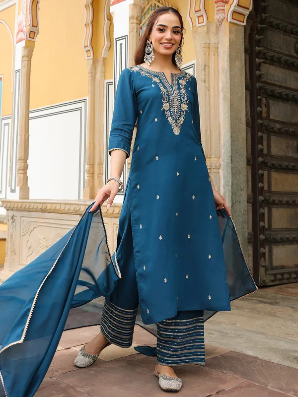Blue_Chanderi_Kurta_Palazzo_Dupatta_Set_For_Women