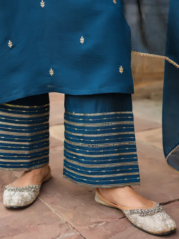 Blue_Chanderi_Kurta_Palazzo_Dupatta_Set_For_Women