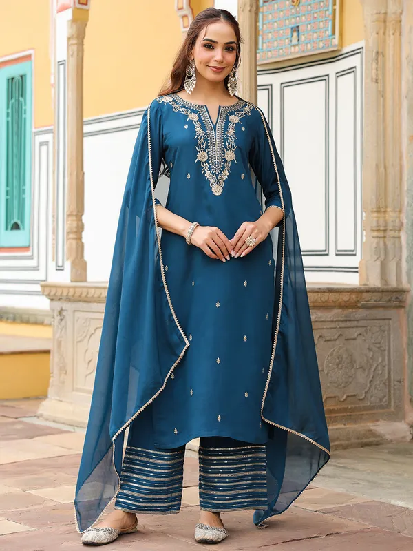 Blue_Chanderi_Kurta_Palazzo_Dupatta_Set_For_Women