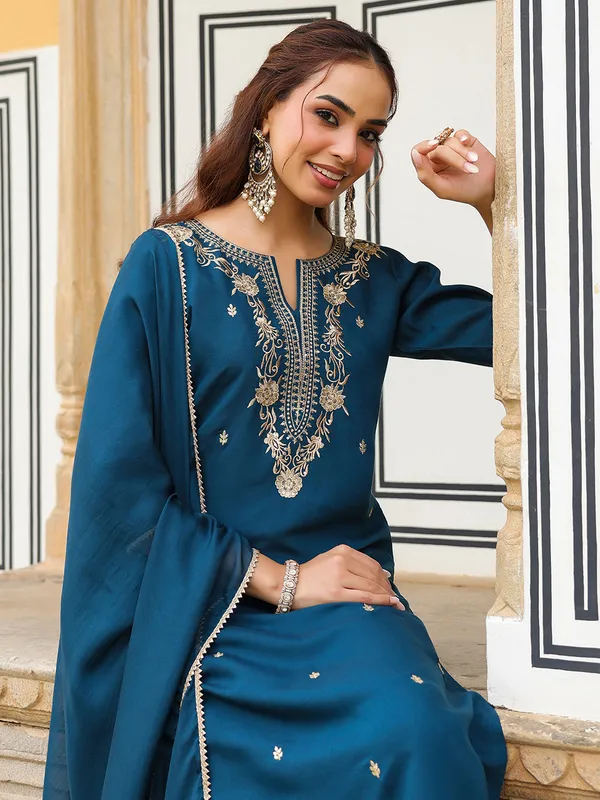 Blue_Chanderi_Kurta_Palazzo_Dupatta_Set_For_Women