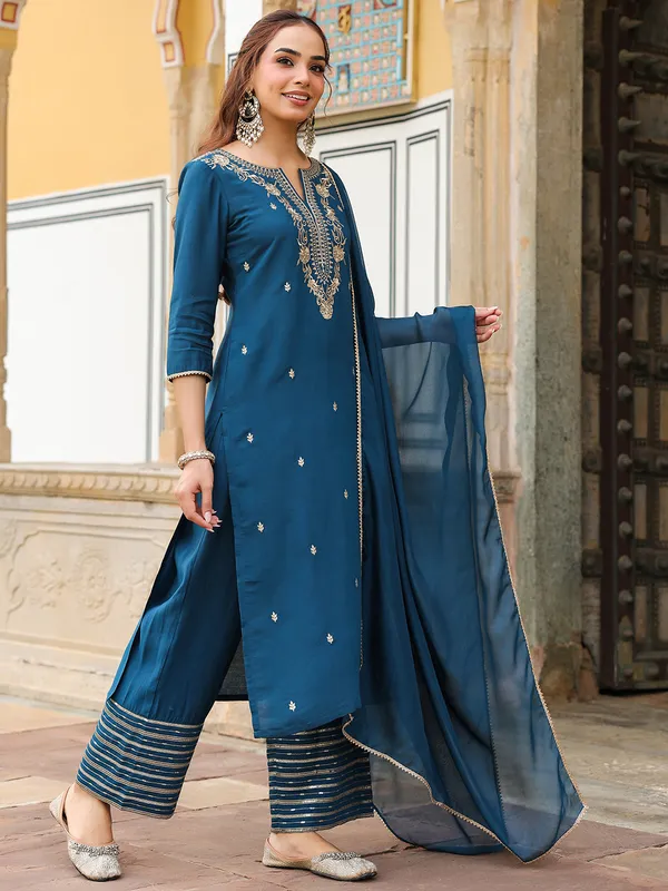 Blue_Chanderi_Kurta_Palazzo_Dupatta_Set_For_Women