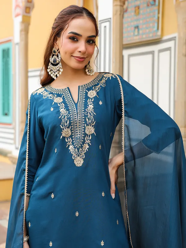 Blue_Chanderi_Kurta_Palazzo_Dupatta_Set_For_Women