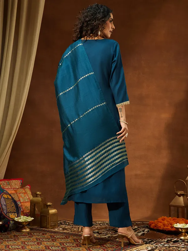 Blue_Chanderi_Kurta_Pant_Set_For_Women
