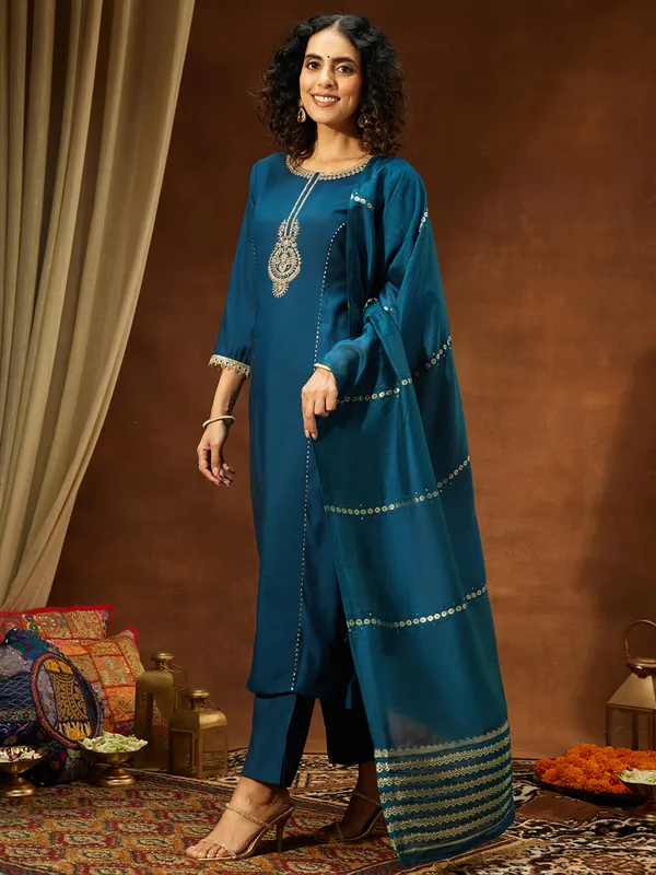 Blue_Chanderi_Kurta_Pant_Set_For_Women