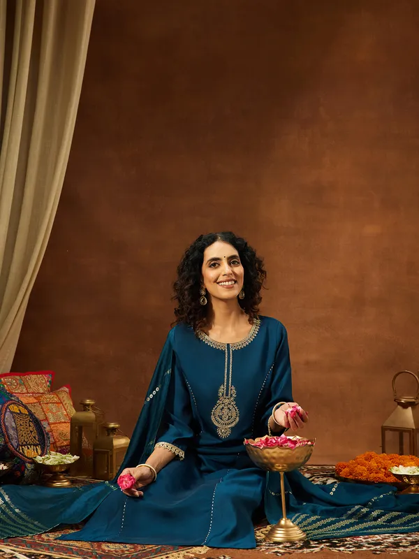 Blue_Chanderi_Kurta_Pant_Set_For_Women