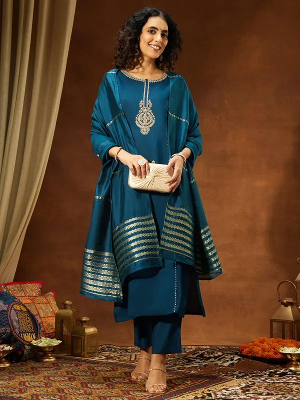 Blue_Chanderi_Kurta_Pant_Set_For_Women