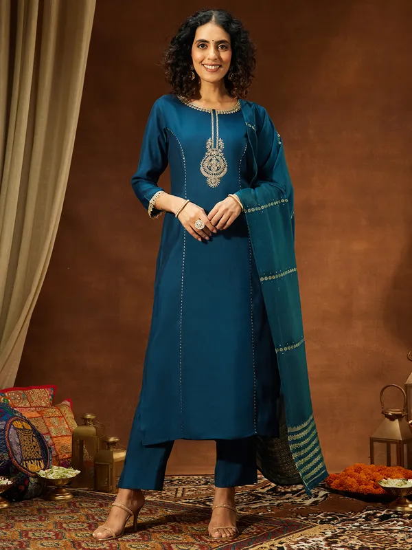 Blue_Chanderi_Kurta_Pant_Set_For_Women