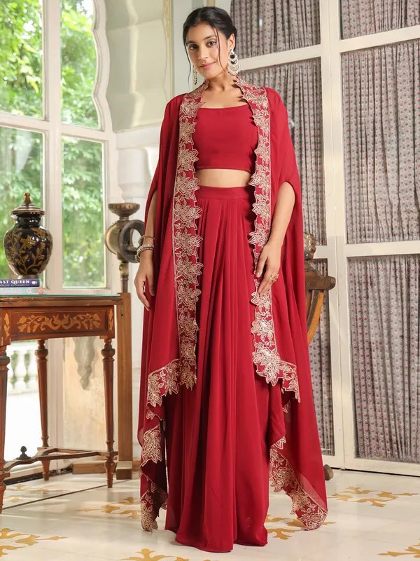 Red_Georgette_Zari_Embroidered_Crop_Top_With_Skirt_&_Cape_Set_For_Women