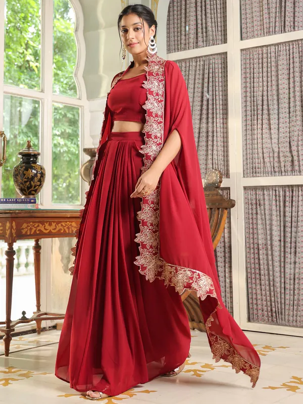 Red_Georgette_Zari_Embroidered_Crop_Top_With_Skirt_&_Cape_Set_For_Women