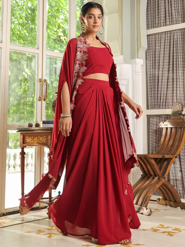 Red_Georgette_Zari_Embroidered_Crop_Top_With_Skirt_&_Cape_Set_For_Women