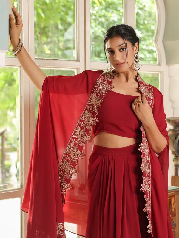 Red_Georgette_Zari_Embroidered_Crop_Top_With_Skirt_&_Cape_Set_For_Women