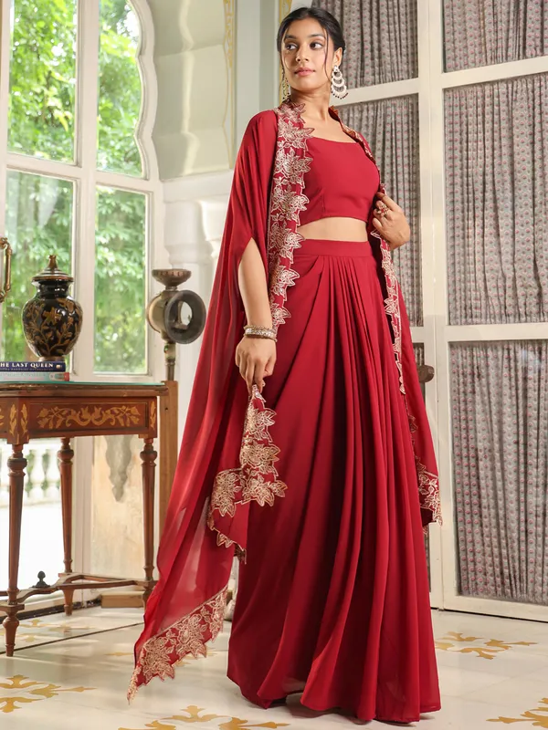 Red_Georgette_Zari_Embroidered_Crop_Top_With_Skirt_&_Cape_Set_For_Women