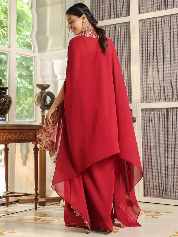 Red_Georgette_Zari_Embroidered_Crop_Top_With_Skirt_&_Cape_Set_For_Women