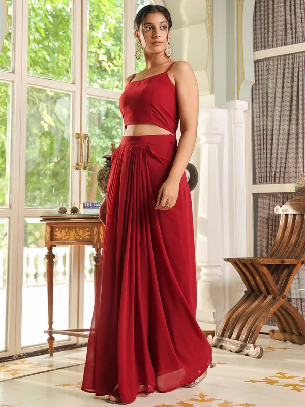 Red_Georgette_Zari_Embroidered_Crop_Top_With_Skirt_&_Cape_Set_For_Women