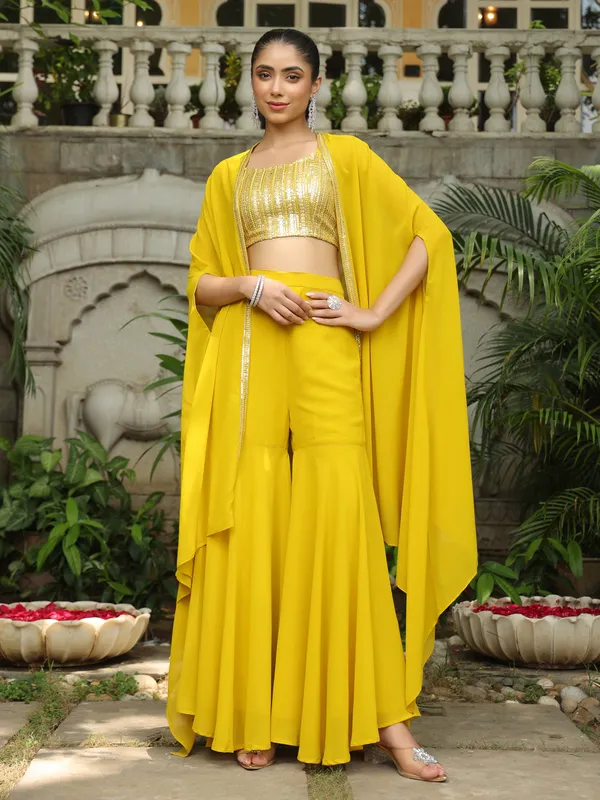 Yellow_Cotton_Blend_Embellished_Crop_Top_With_Palazzo_&_Cape_Set_For_Women