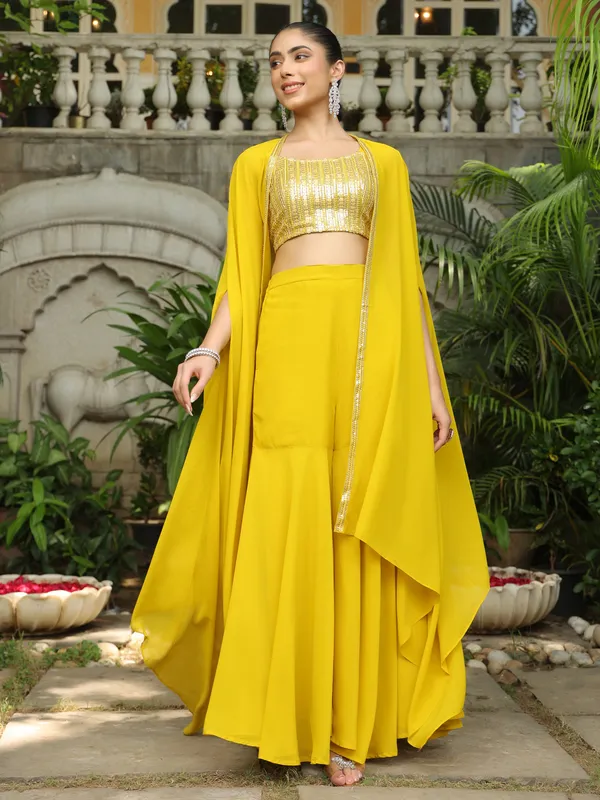 Yellow_Cotton_Blend_Embellished_Crop_Top_With_Palazzo_&_Cape_Set_For_Women