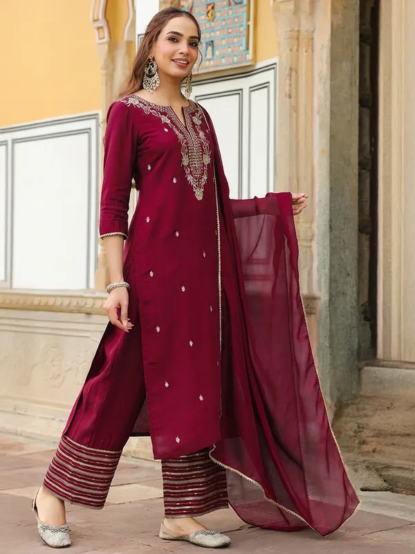 Maroon_Chanderi_Kurta_Palazzo_Dupatta_Set_For_Women