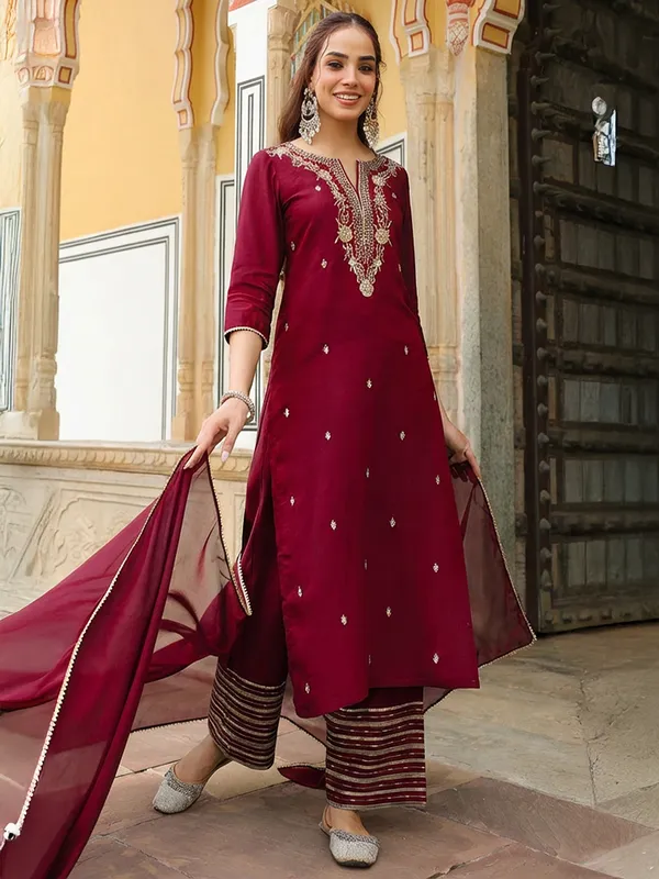 Maroon_Chanderi_Kurta_Palazzo_Dupatta_Set_For_Women