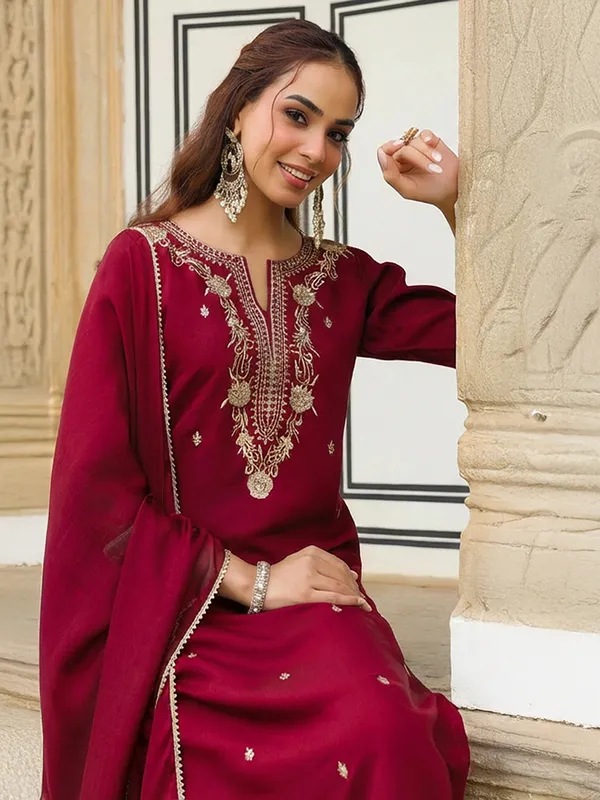 Maroon_Chanderi_Kurta_Palazzo_Dupatta_Set_For_Women