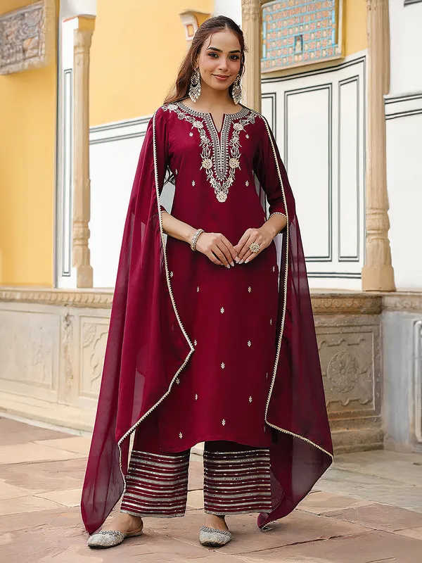 Maroon_Chanderi_Kurta_Palazzo_Dupatta_Set_For_Women