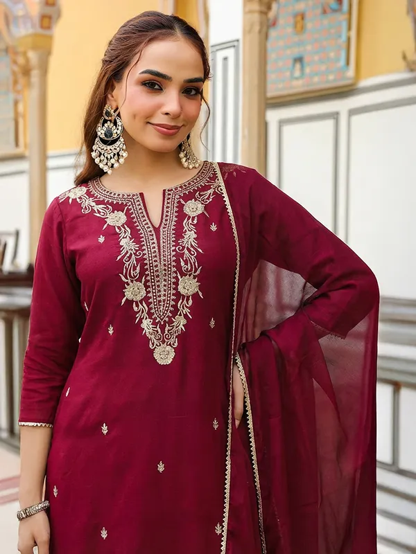 Maroon_Chanderi_Kurta_Palazzo_Dupatta_Set_For_Women