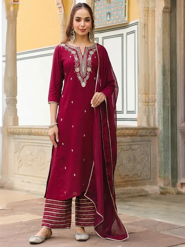 Maroon_Chanderi_Kurta_Palazzo_Dupatta_Set_For_Women