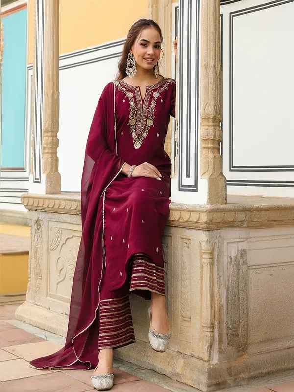 Maroon_Chanderi_Kurta_Palazzo_Dupatta_Set_For_Women