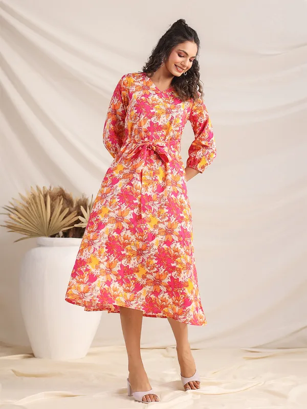 Multicolor_Cotton_Blend_Midi_Dress_With_Belt_For_Women
