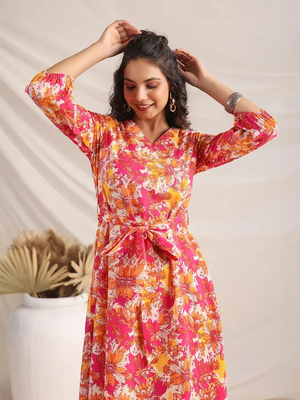 Multicolor_Cotton_Blend_Midi_Dress_With_Belt_For_Women