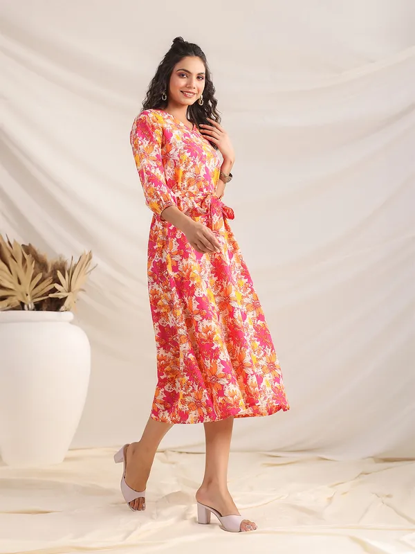 Multicolor_Cotton_Blend_Midi_Dress_With_Belt_For_Women