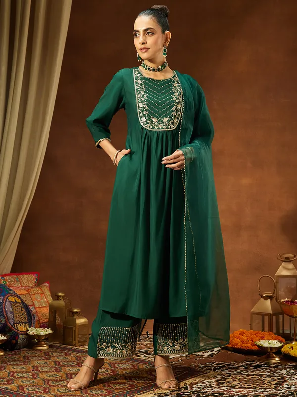 Green_Chanderi_Silk_Embroidered_A_Line_Kurta_Set_For_Women