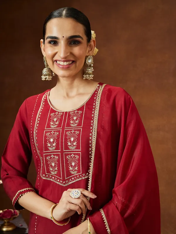 Red_Chanderi_Silk_Zari_Embroidered_Straight_Kurta_With_Palazzo_&_Dupatta_Set_For_Women