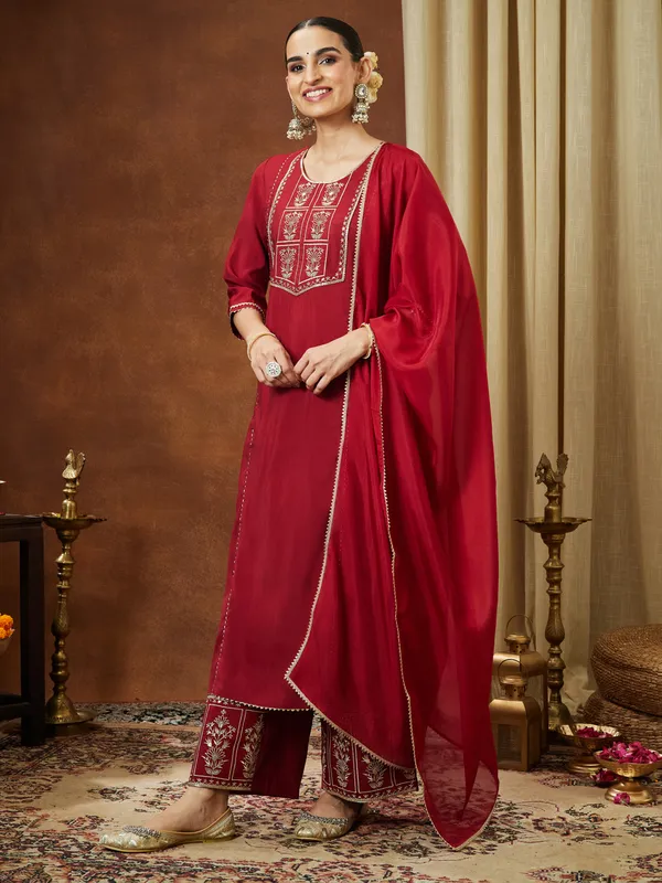 Red_Chanderi_Silk_Zari_Embroidered_Straight_Kurta_With_Palazzo_&_Dupatta_Set_For_Women