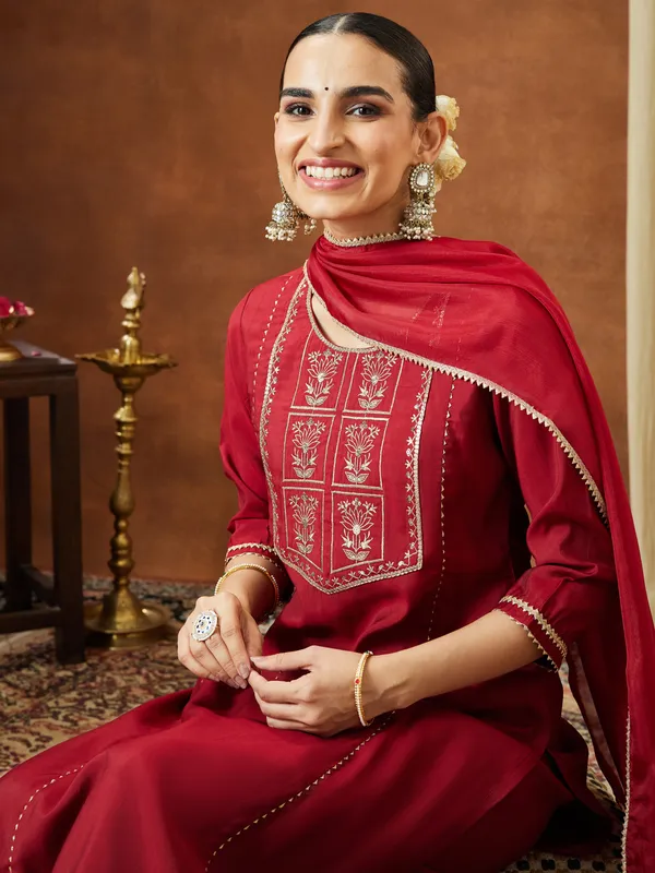 Red_Chanderi_Silk_Zari_Embroidered_Straight_Kurta_With_Palazzo_&_Dupatta_Set_For_Women