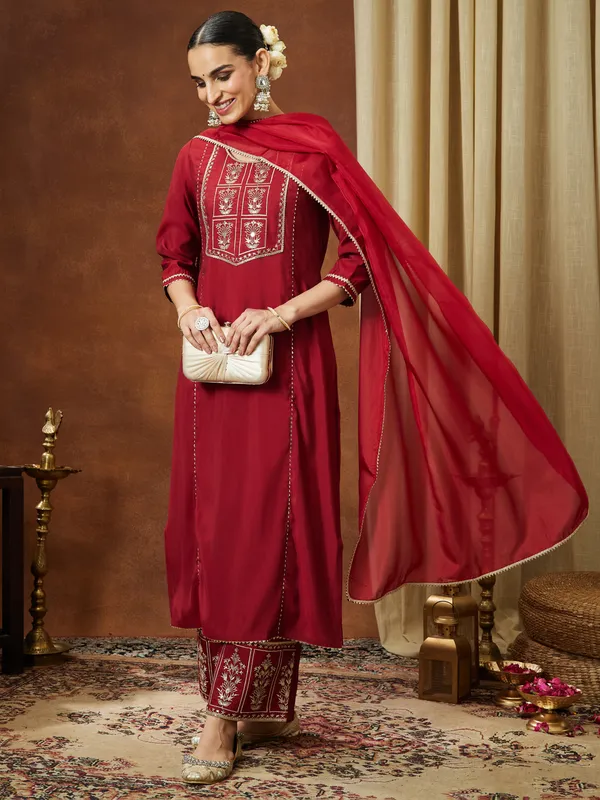 Red_Chanderi_Silk_Zari_Embroidered_Straight_Kurta_With_Palazzo_&_Dupatta_Set_For_Women