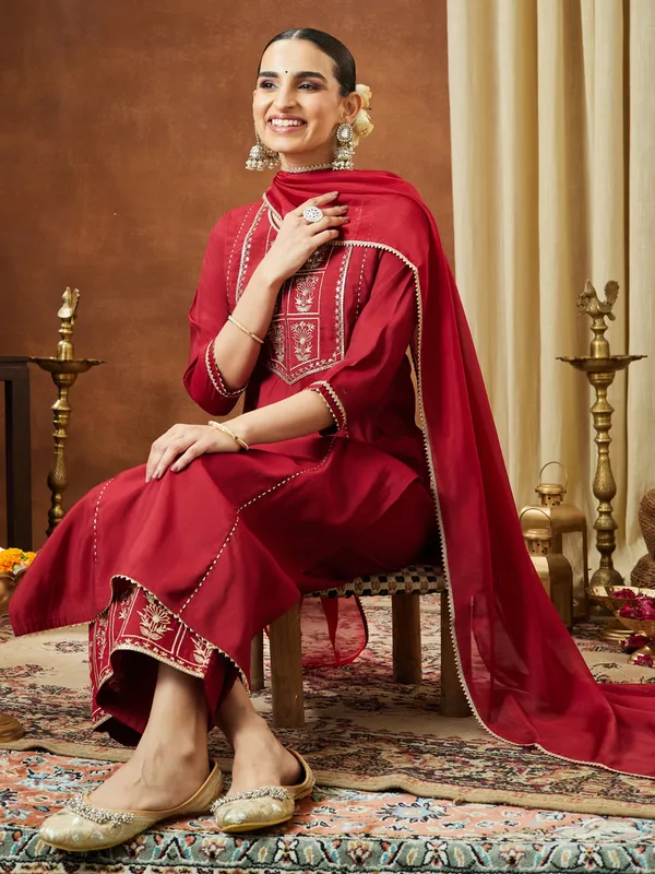 Red_Chanderi_Silk_Zari_Embroidered_Straight_Kurta_With_Palazzo_&_Dupatta_Set_For_Women