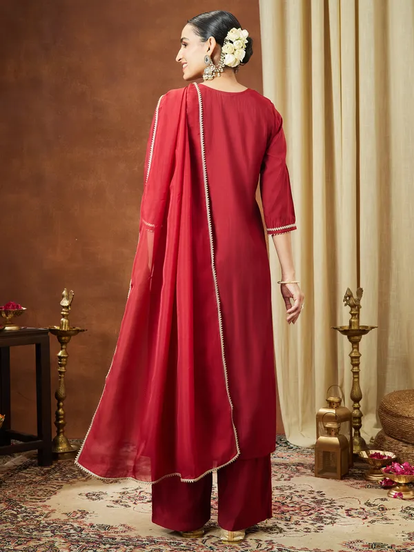 Red_Chanderi_Silk_Zari_Embroidered_Straight_Kurta_With_Palazzo_&_Dupatta_Set_For_Women