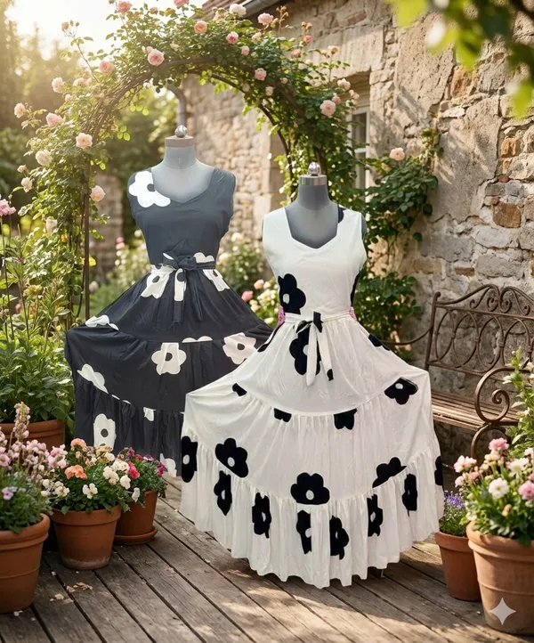 Black_And_White_Cotton_Blend_Midi_Gown_For_Women_Pack_Of_2