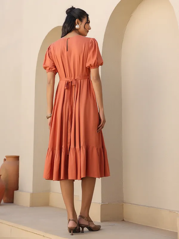 Beige_Cotton_Blend_Puff_Sleeve_Midi_Dress_For_Women