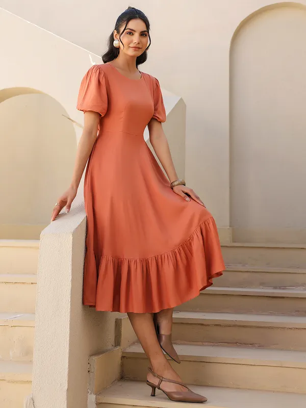 Beige_Cotton_Blend_Puff_Sleeve_Midi_Dress_For_Women