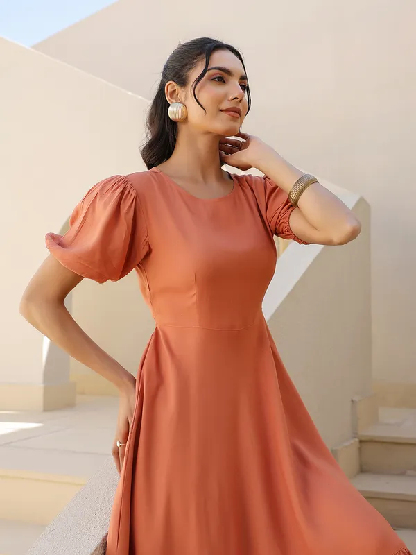 Beige_Cotton_Blend_Puff_Sleeve_Midi_Dress_For_Women