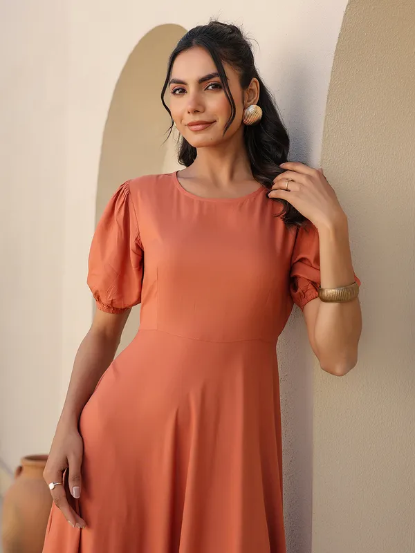 Beige_Cotton_Blend_Puff_Sleeve_Midi_Dress_For_Women